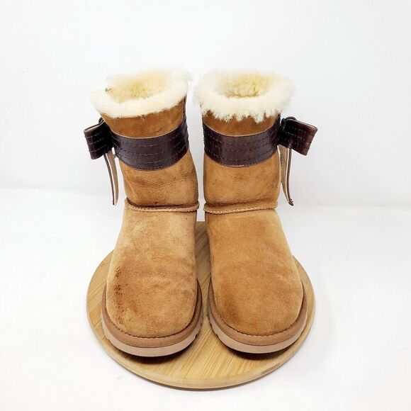 UGG Josette Boots Womens 5 Chestnut Brown Suede Shearling Bow Trim - Picture 4 of 14